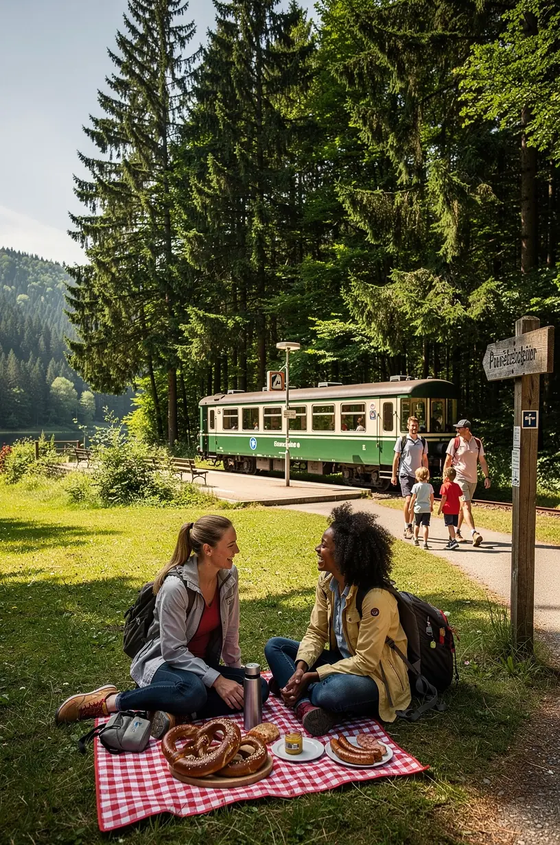Moderner Zug fährt durch eine malerische Winterlandschaft, symbolisiert bequeme Transportmöglichkeiten.